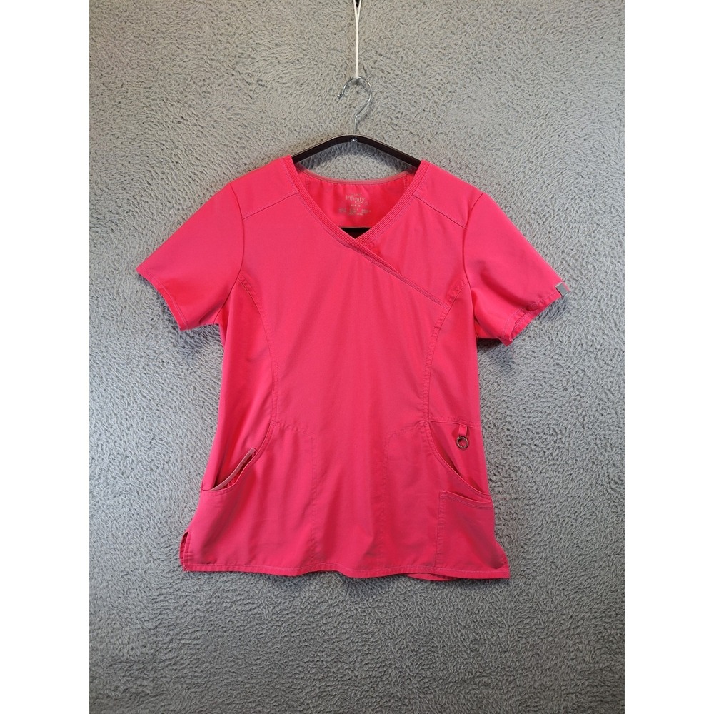 Cherokee Infinity Scrub Top Womens Medium Pink Stretch Short Sleeve Mock Wrap